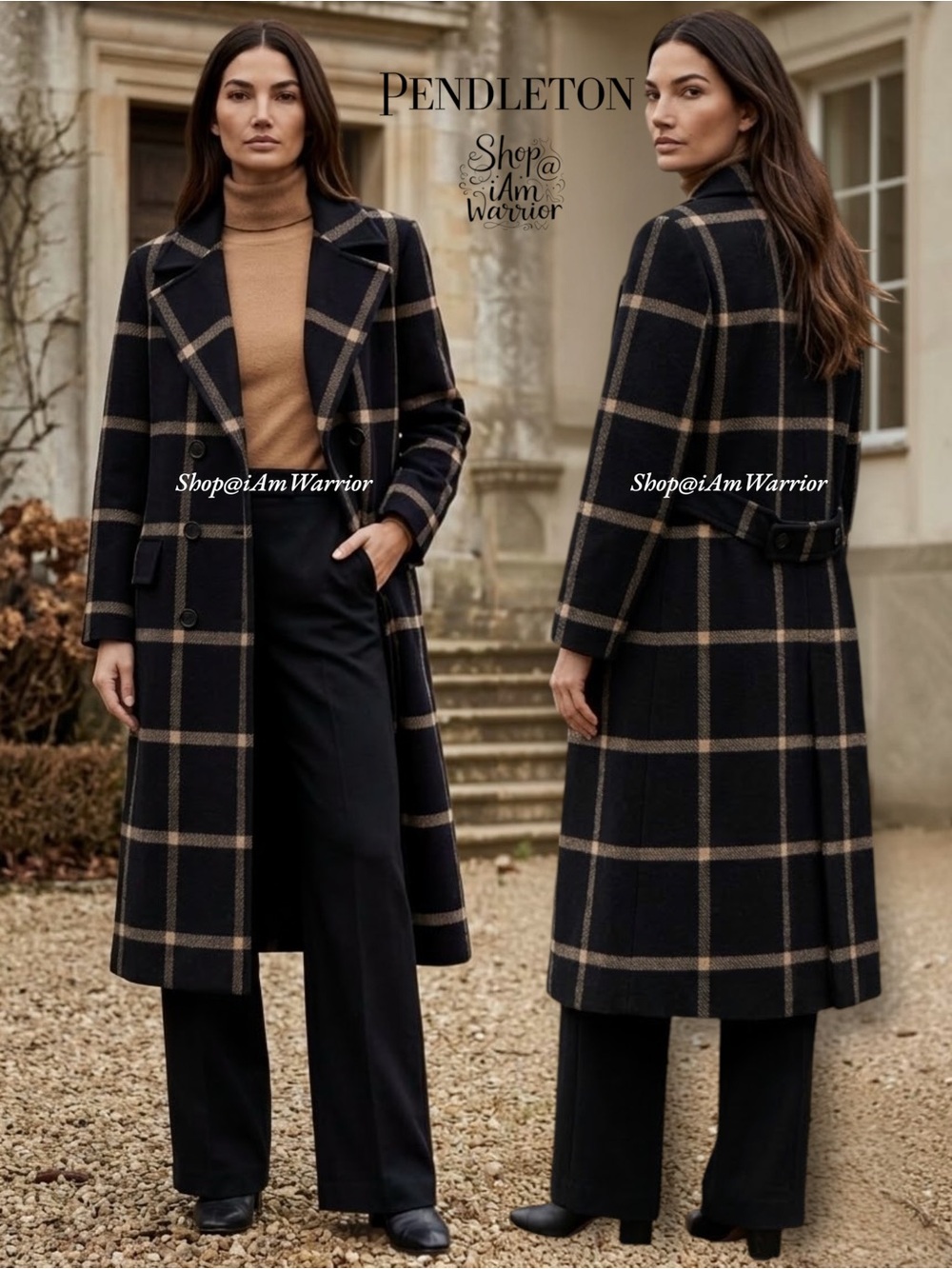 Pendleton Vintage Pure Virgin Wool Black Tan Windowpane Plaid Check Long Coat